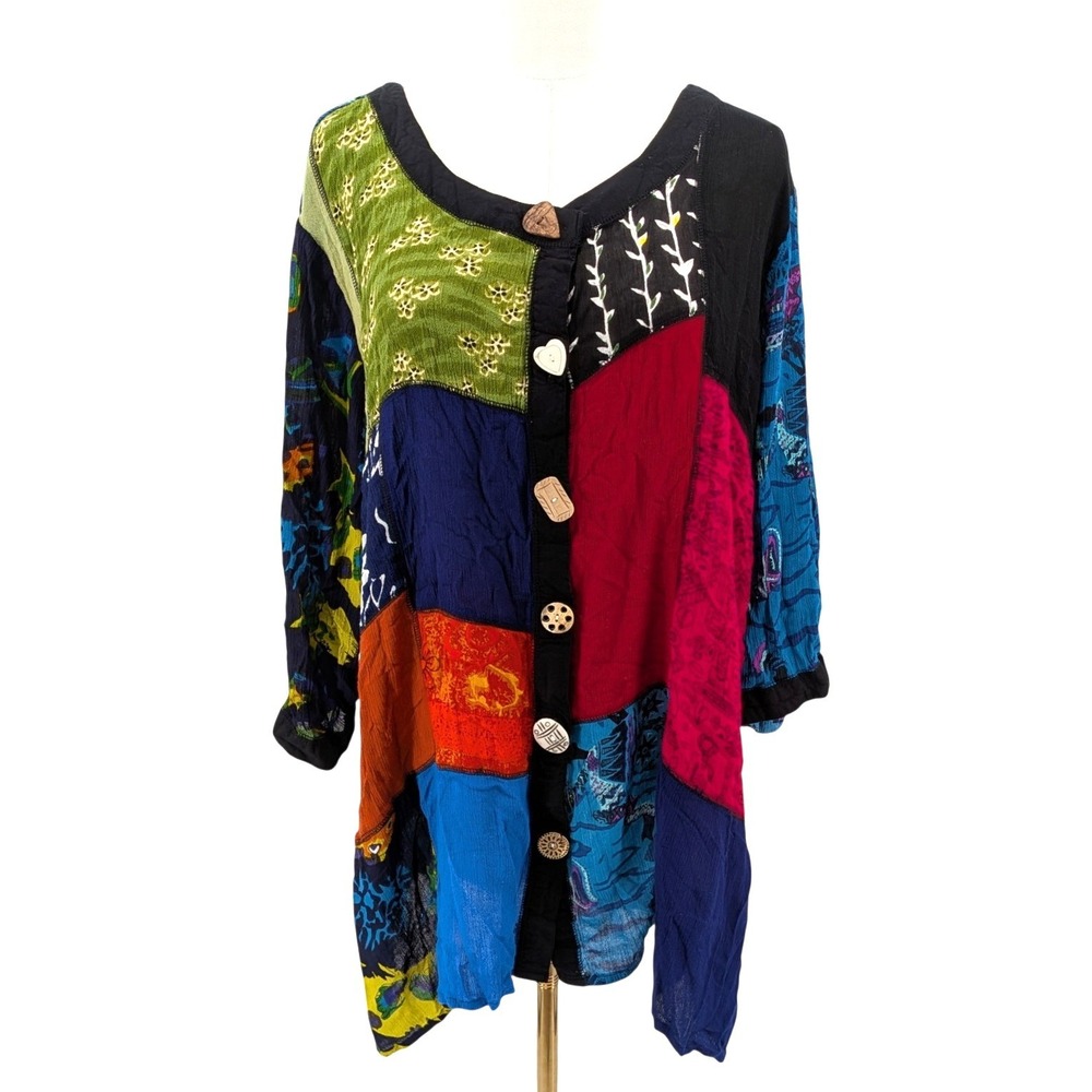 LA CERA Patchwork Tunic Top Boho Artsy Rayon Button Front 2X‎